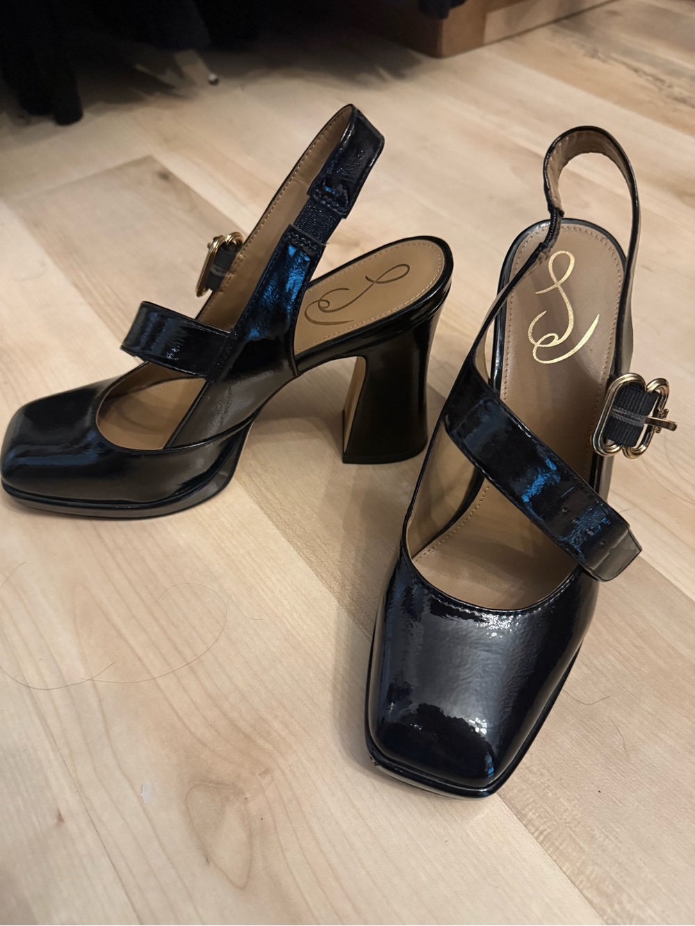 Sam Edelman Black Patent Slingback Block Heels with Buckle